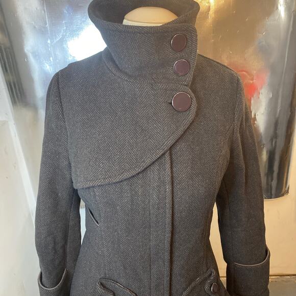 Soia & Kyo Wool Coat Medium Button Up Funnel Neck Pea Coat - Picture 7 of 16